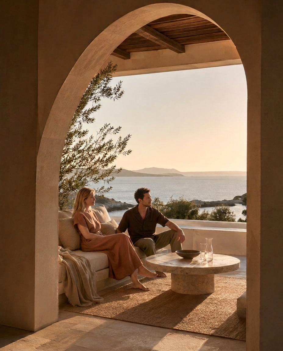 A couple relaxing on a minimalist hotel terrace framed by a warm stone archway, with a stone table and a calm sea view beyond at golden hour