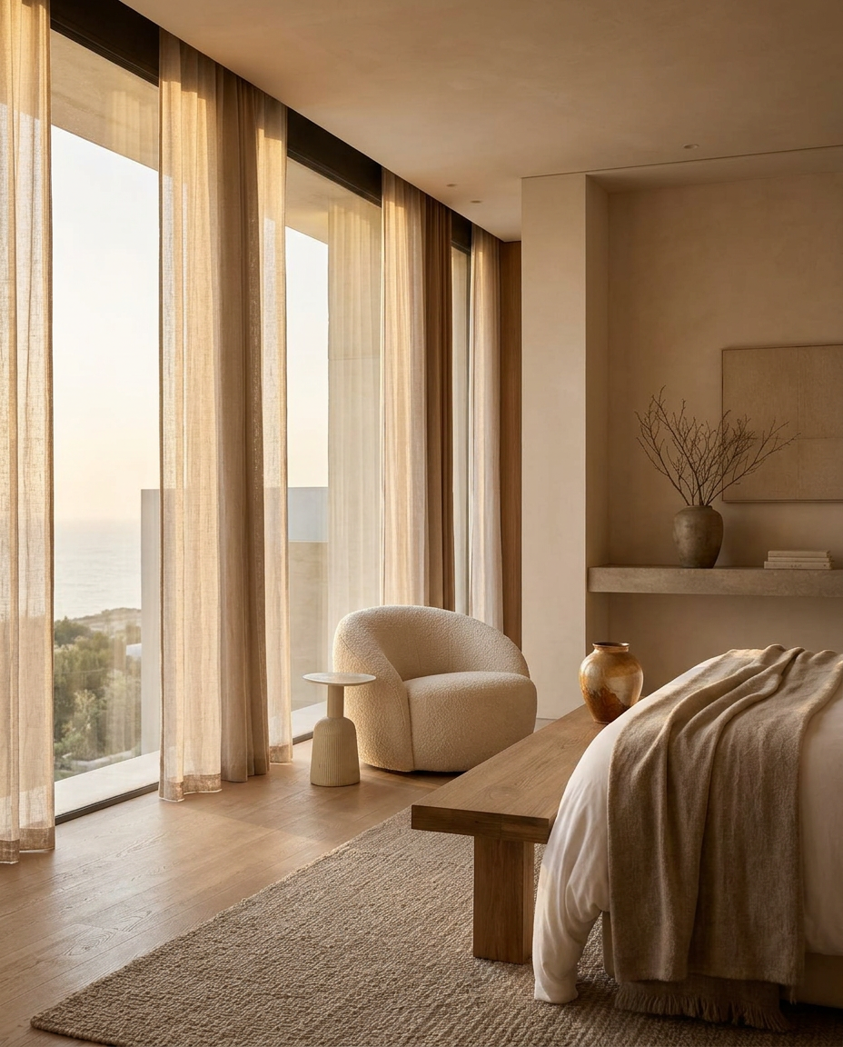 AI reframed hotel suite with warm ivory light and editorial styling