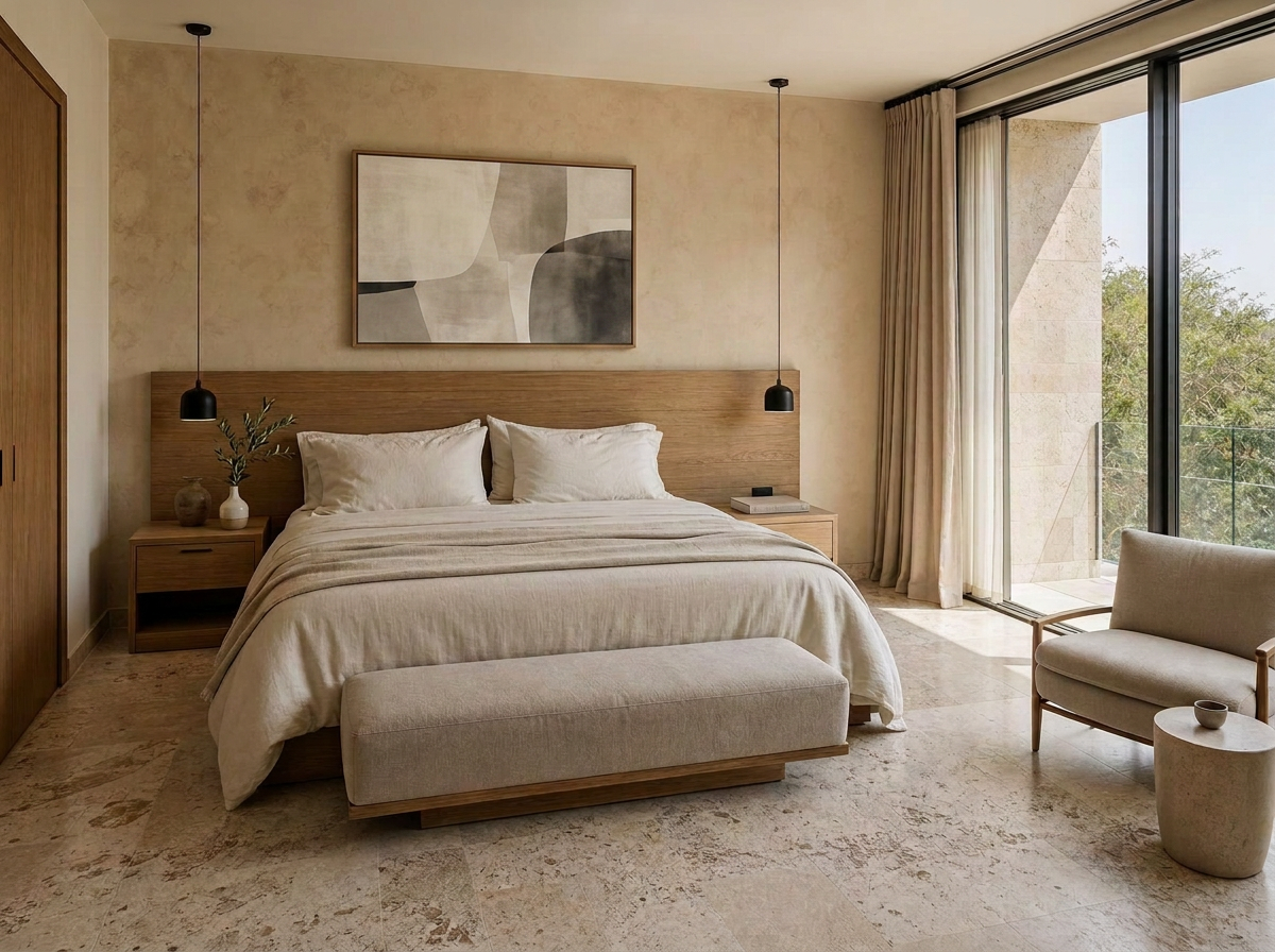 AI reframed hotel suite — same room with warmer light, styled linens and tasteful decor