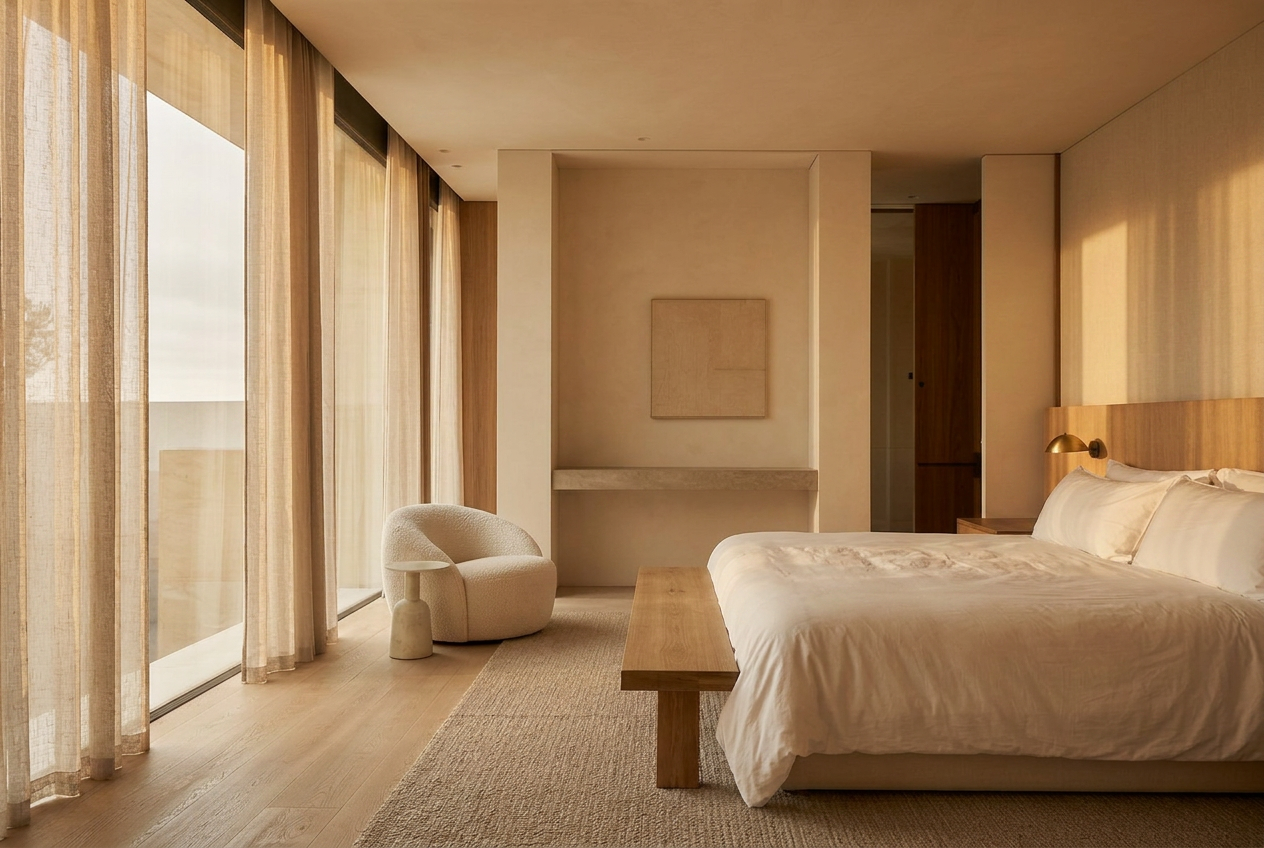 Enhanced hero image of the same suite with warm editorial light