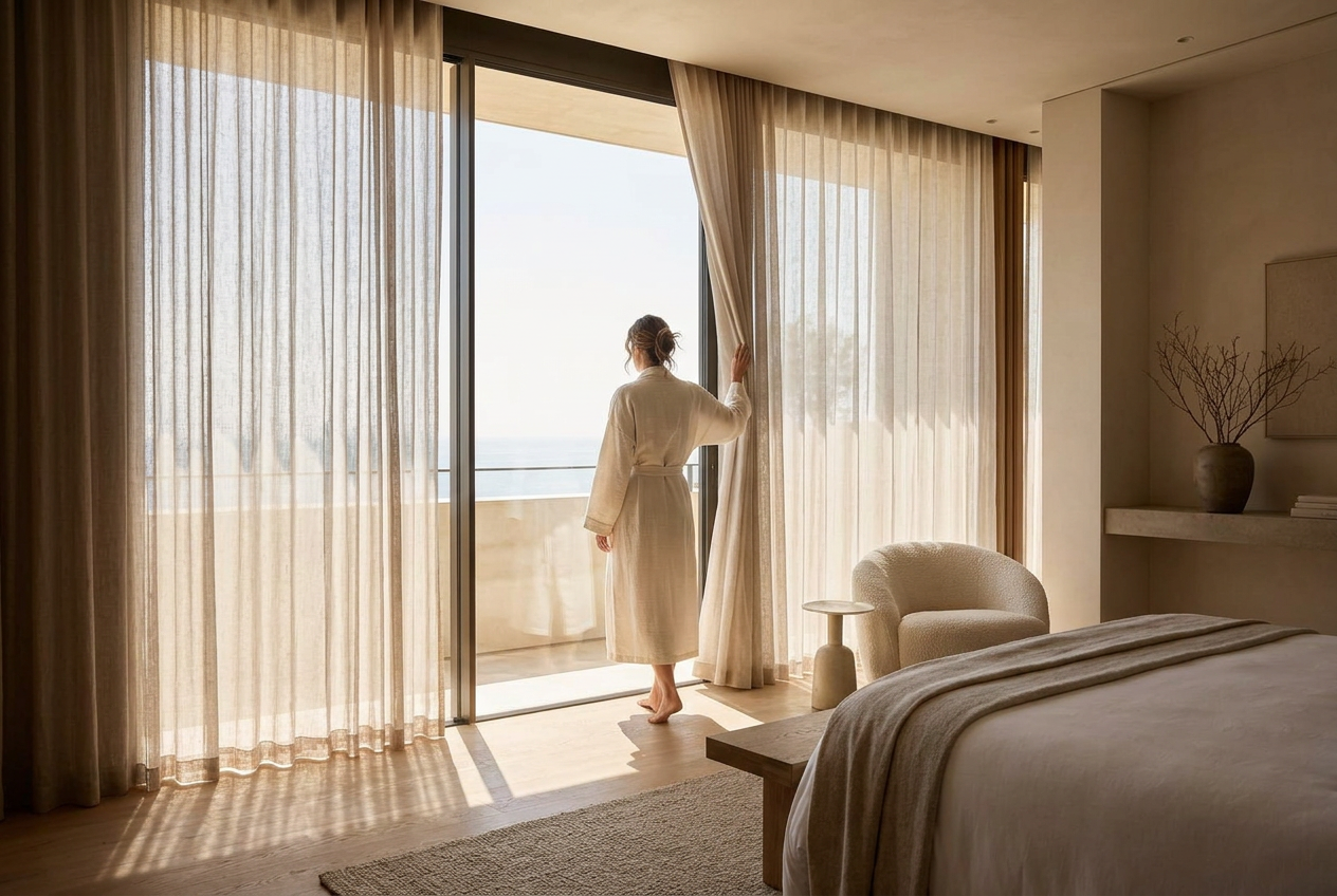 Guest in a bathrobe by the window of the same suite